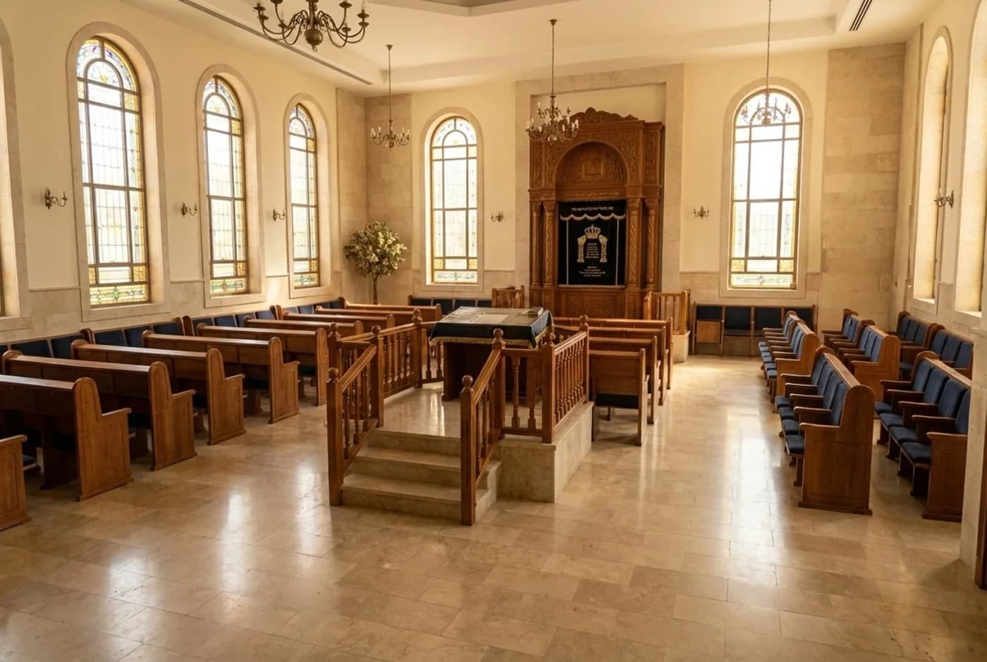 הדמיית פנים של היכל בית כנסת עם ארון קודש מעץ, בימה מרכזית וחלונות ויטראז'