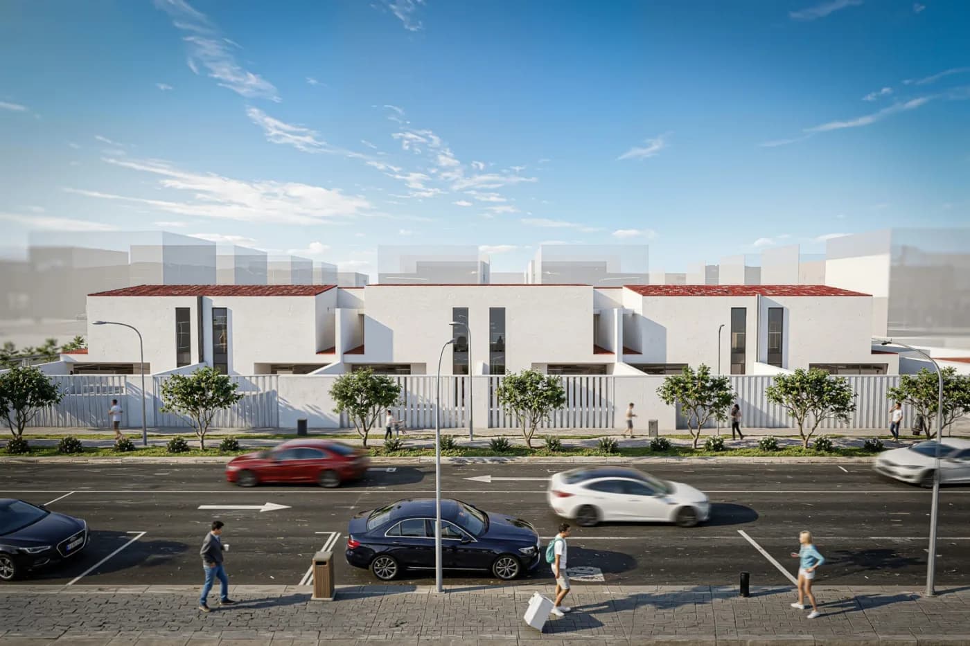 הדמיית שורת דופלקסים בטיח לבן עם גגות רעפים אדומים, גדר וטיילת עצים לאורך הרחוב