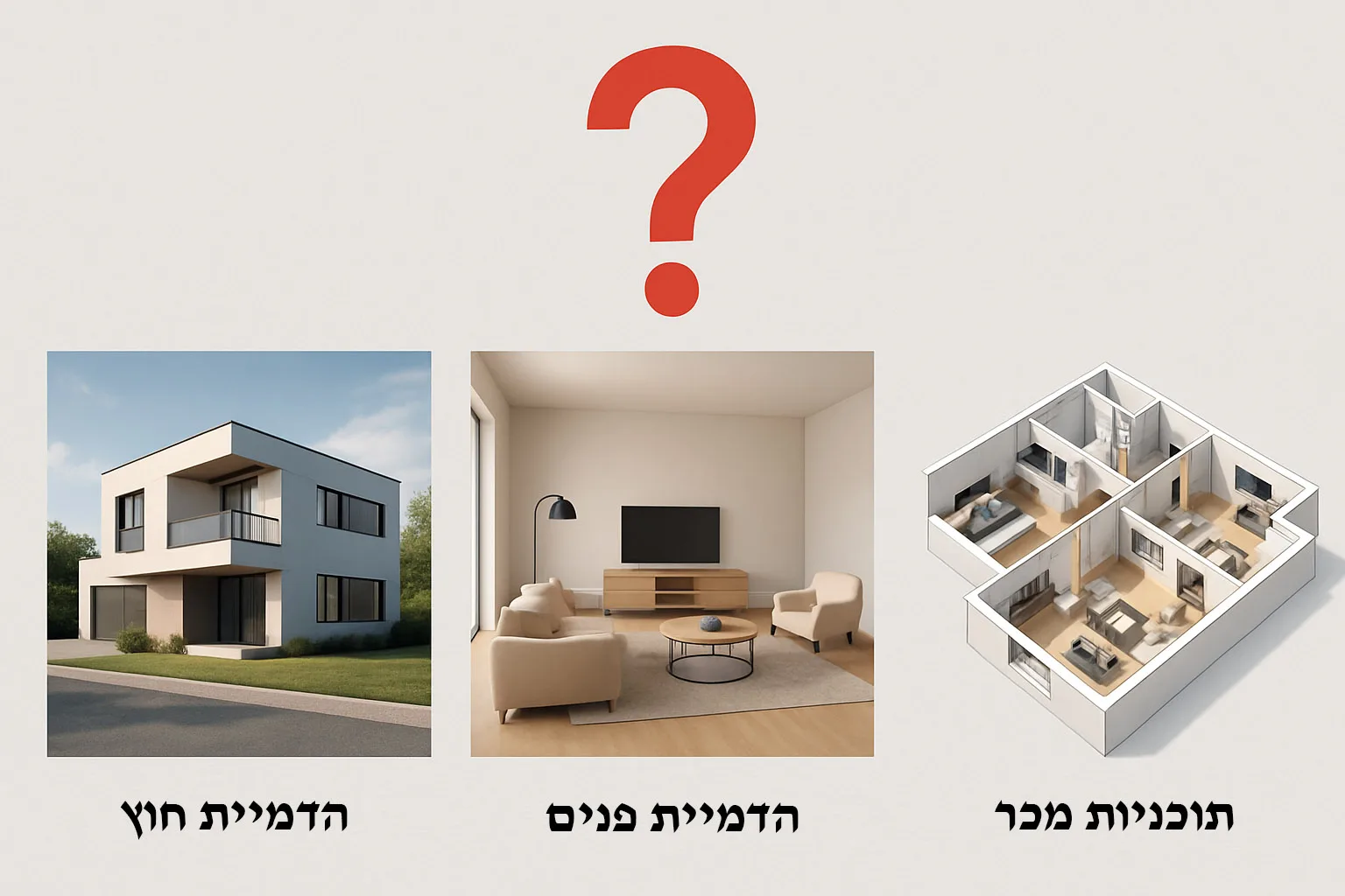 ארבעה סוגי הדמיות זה לצד זה: פנים, חוץ, תוכנית מכר וסרטון